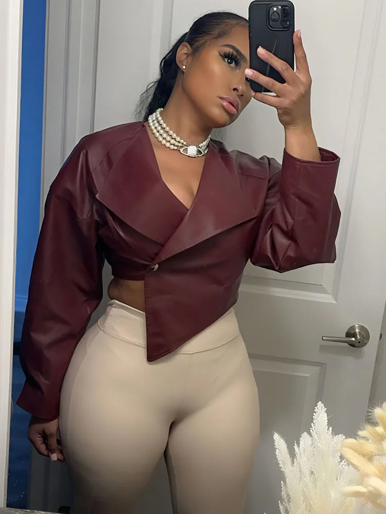 Bordeaux Edge Faux Leather Crop Jacket