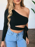 Noir Elegance One-Shoulder Wrap Crop Top