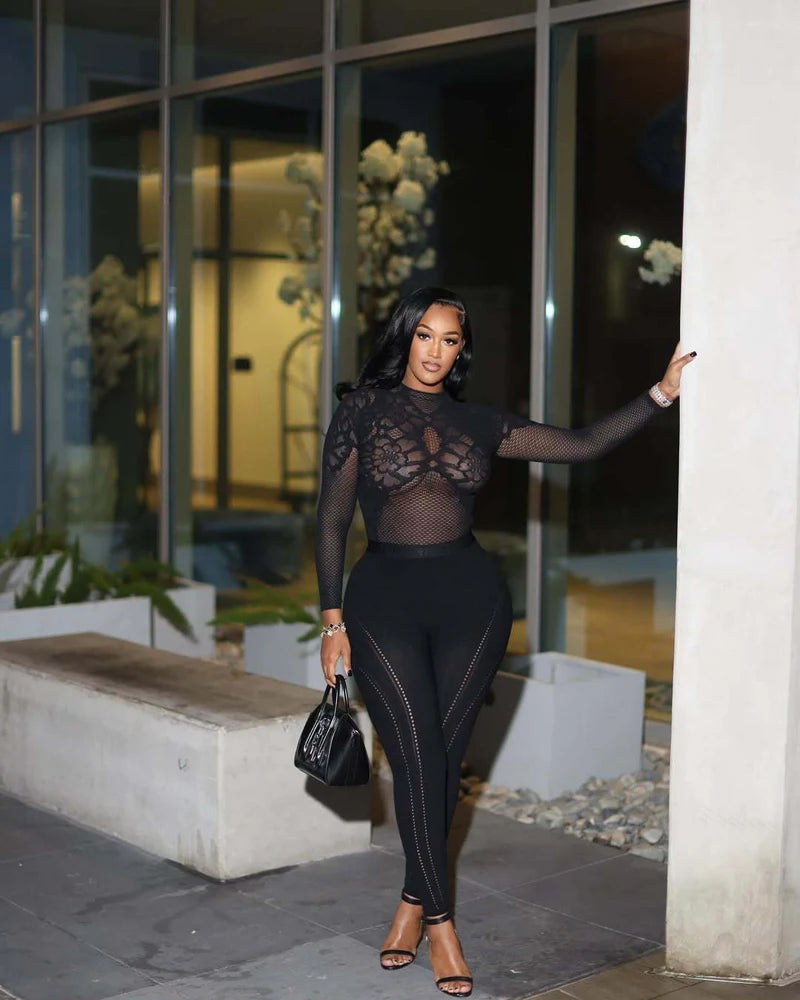 Sheer Seduction Mesh Set - See-Through Long Sleeve Top & Leggings