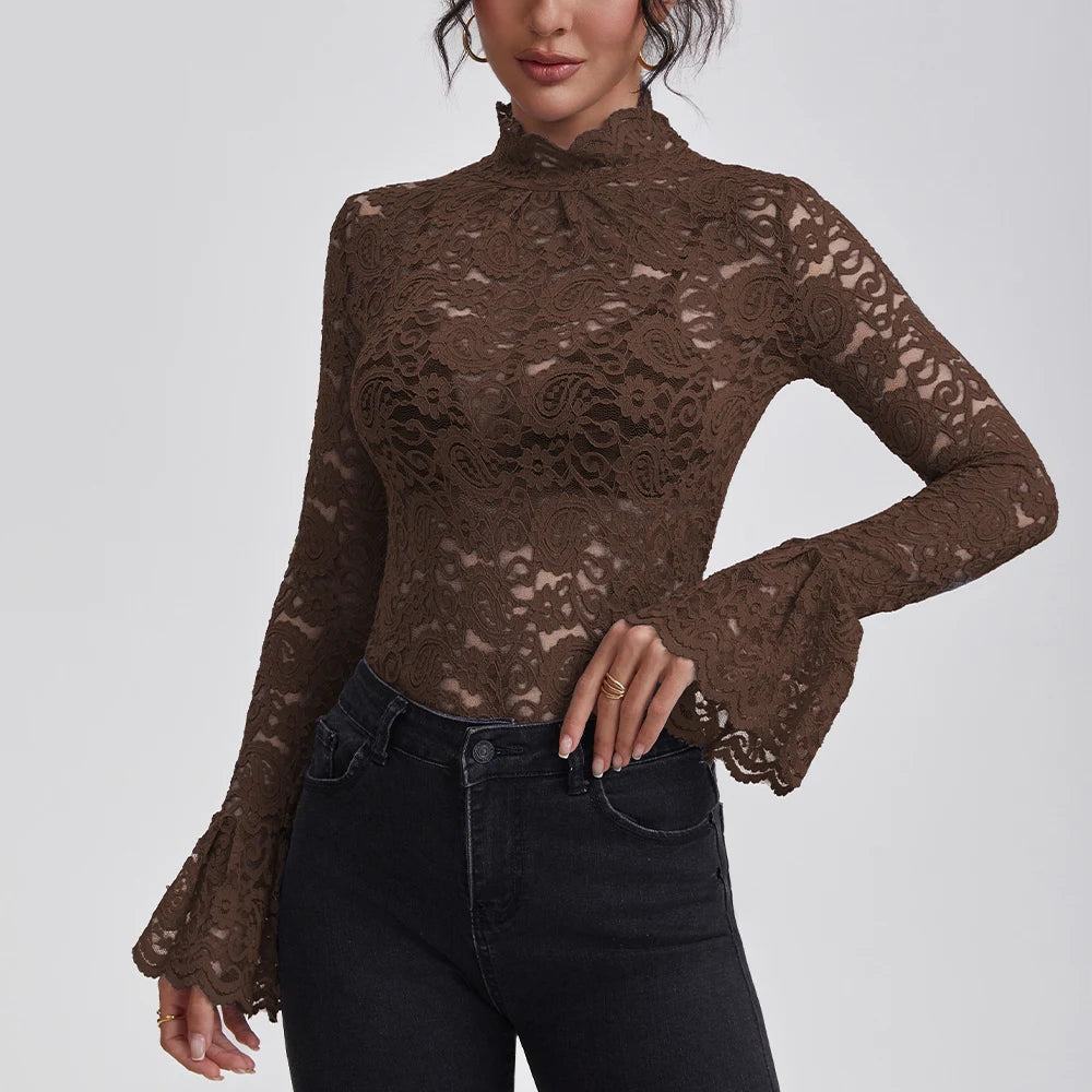 Sheer Lace Turtleneck Blouse - Flare Sleeve See-Through Top