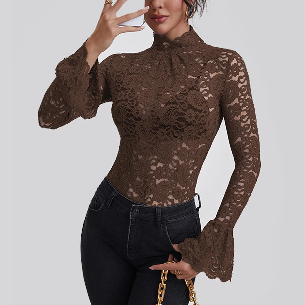 Sheer Lace Turtleneck Blouse - Flare Sleeve See-Through Top