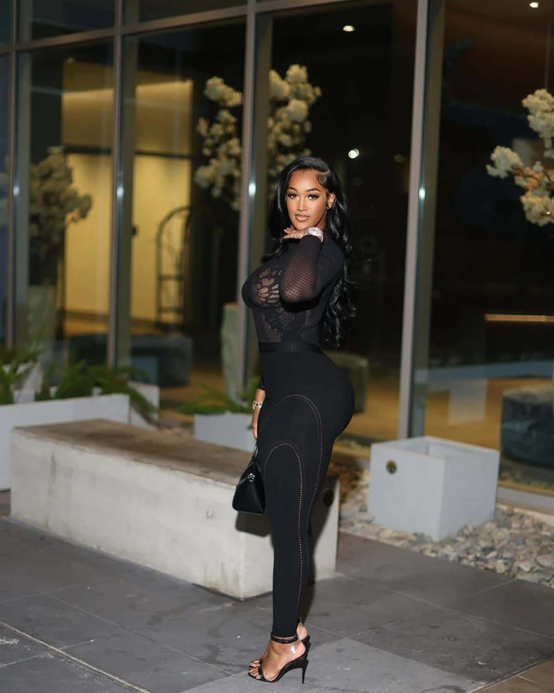 Sheer Seduction Mesh Set - See-Through Long Sleeve Top & Leggings