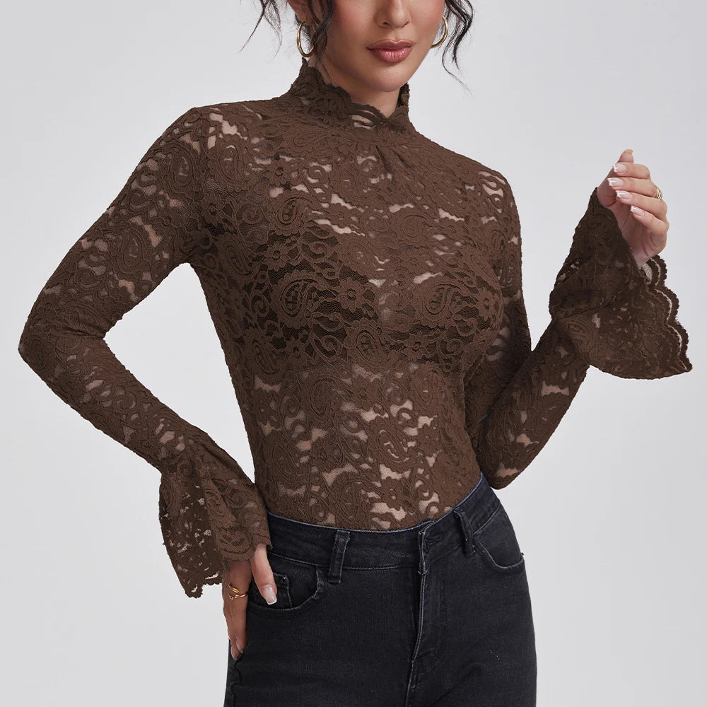 Sheer Lace Turtleneck Blouse - Flare Sleeve See-Through Top