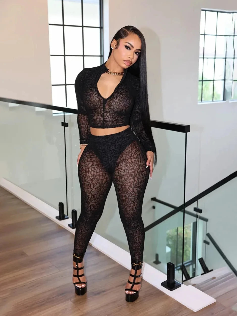 Sheer Mesh 2-Piece Set - Crop Top & Leggings
