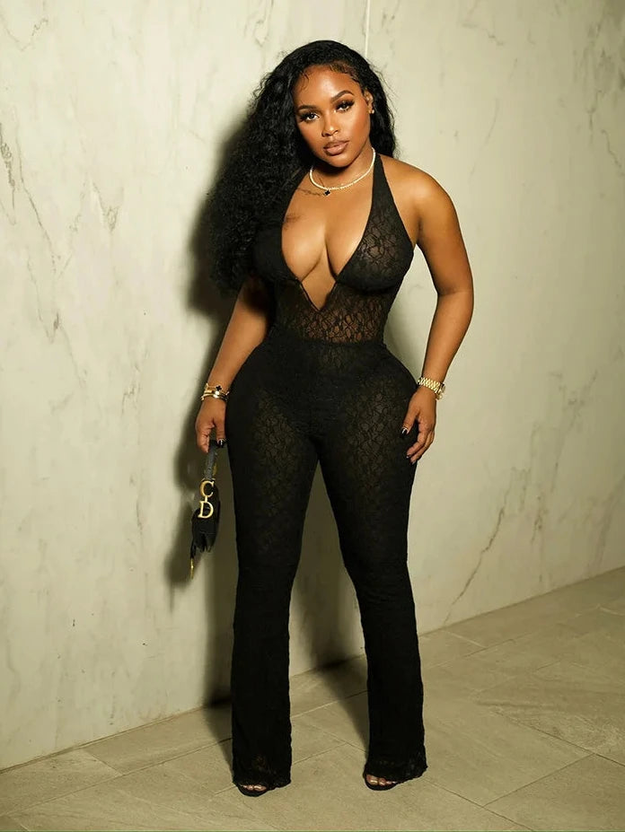 Midnight Mesh Halter Jumpsuit
